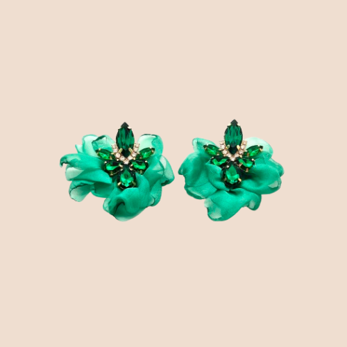 Handmade Ear Stud Earrings with Fabric and Artificial Gemstones