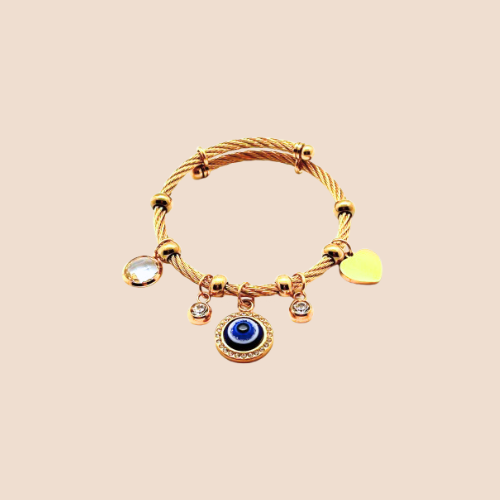 Gold-Plated Stainless Steel Evil Eye Bangle Bracelet