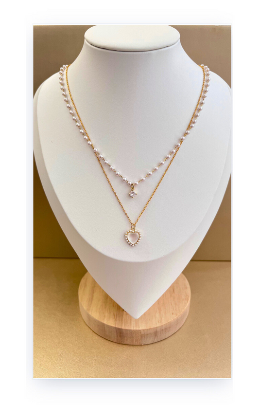 Double Layer Imitation Pearl Necklace with Heart Pendant