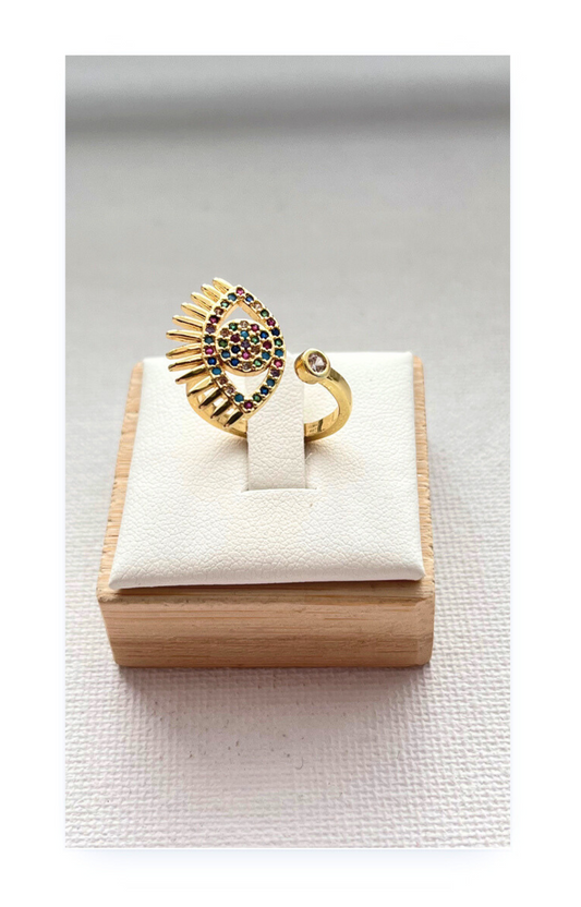 Evil Eye Design Open Ring in Plated Brass