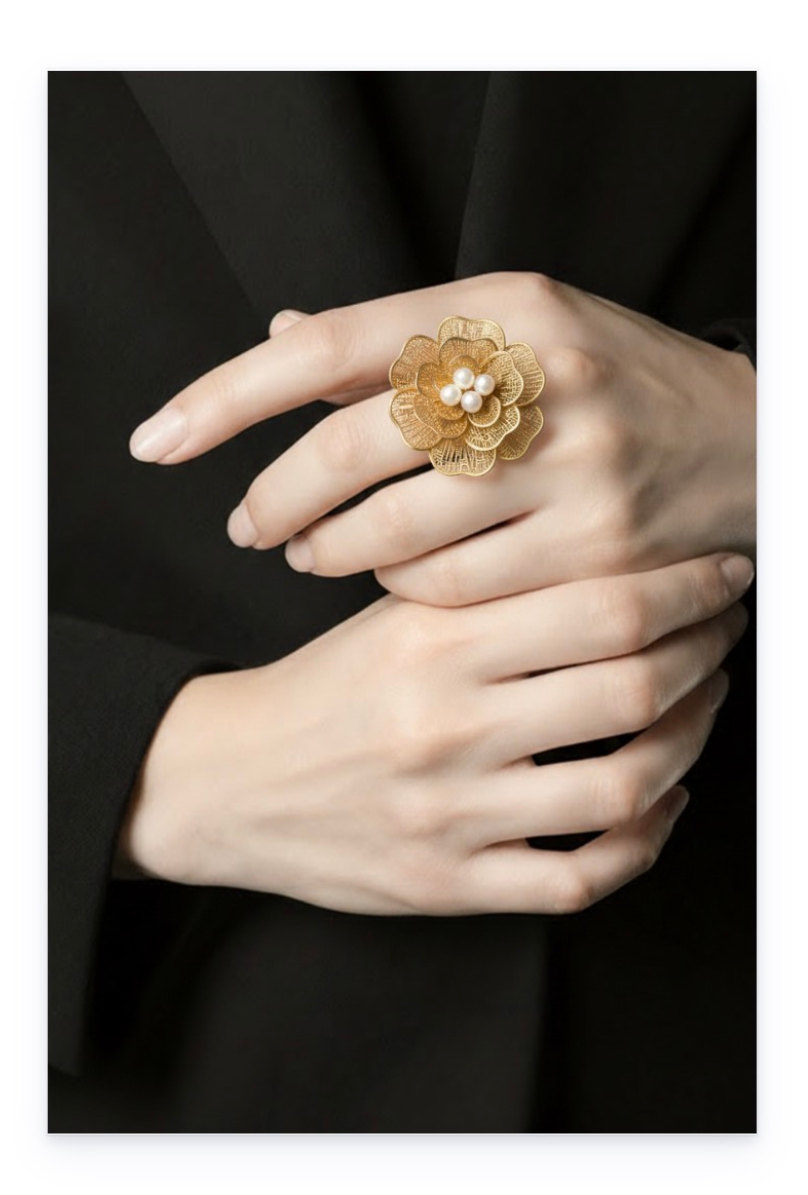 Flower ring, stainless steel plated in 14k gold, classic style