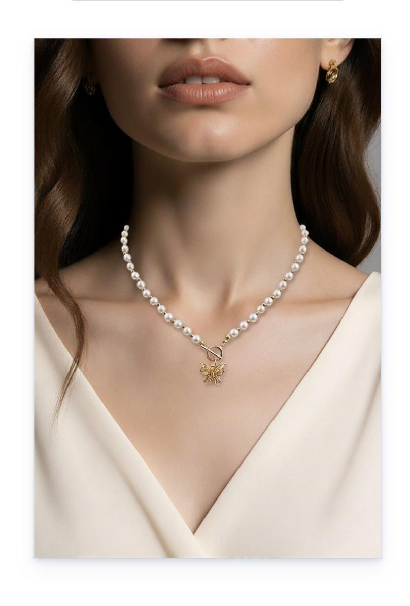 Elegant Pearl Imitation Necklace with Gold-Plated Accents and Zircon-Decorated Butterfly Pendant