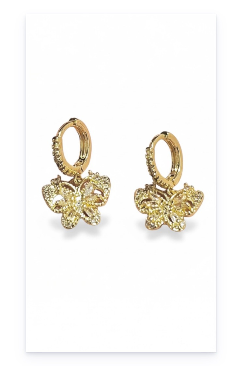 Hoop Earrings with Butterfly Shape, 14K Gold-Plated Copper with Zircon Inlay