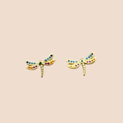 Gold-Plated Dragonfly Stud Earrings with Small Multicolored Zircons