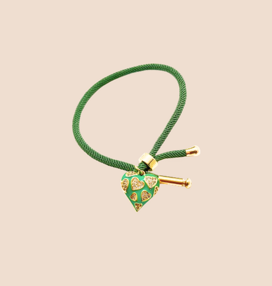 Green Cord Bracelet with Heart Pendant - Gold Stainless Steel Accents