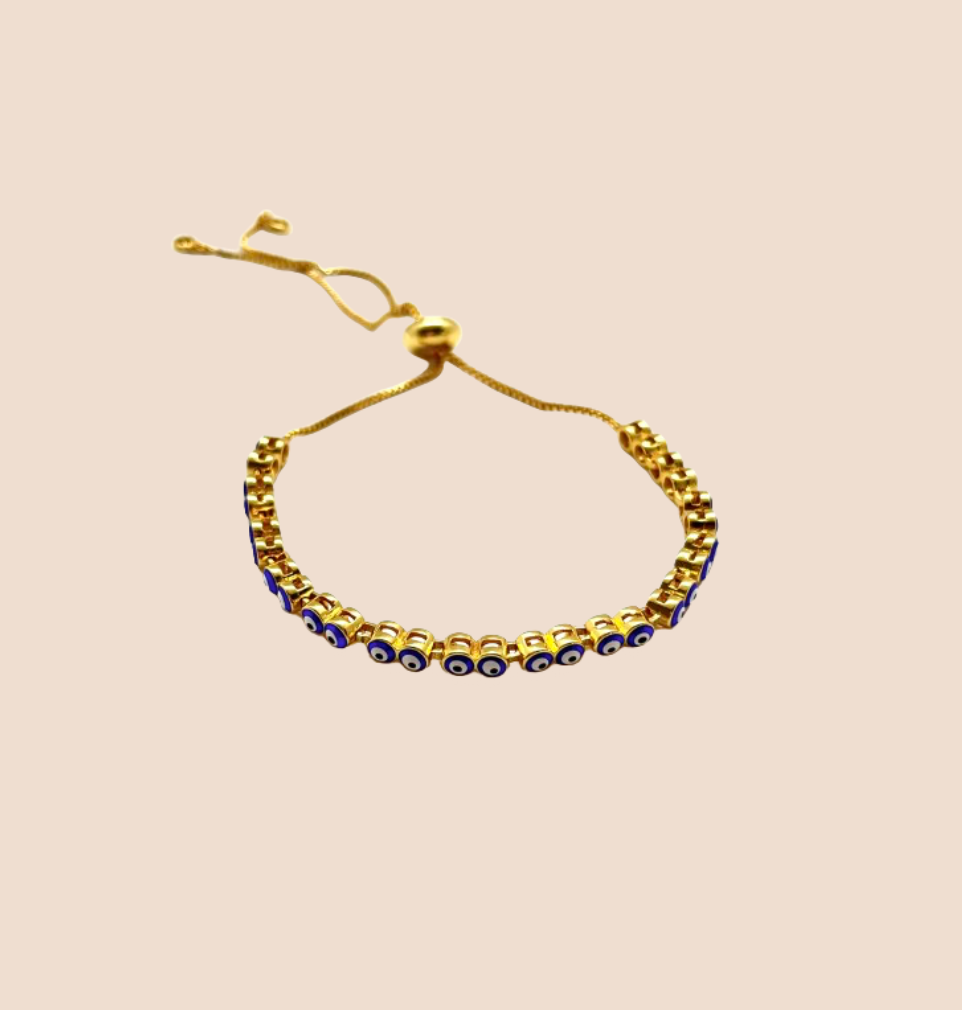 Chain Bracelet with Tassels and Evil Eye Charm, 18k Gold-Plated Copper