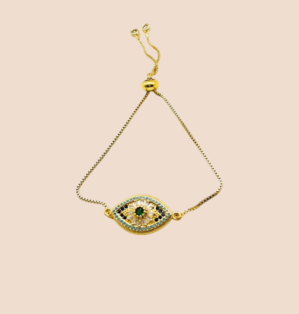 Evil Eye Bracelet with Gold-Plated Copper and blue Zircon Details