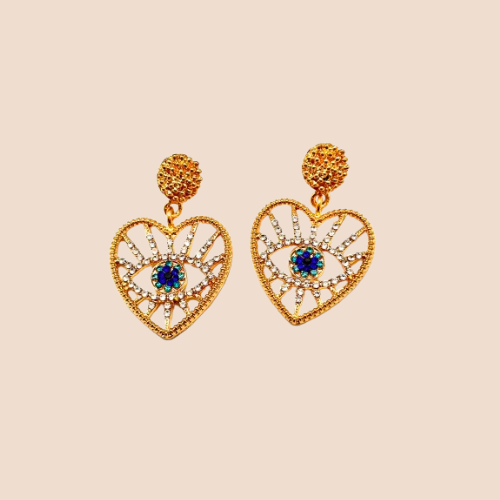 Evil Eye Heart-Shaped Dangle Earrings with Artificial Zircons