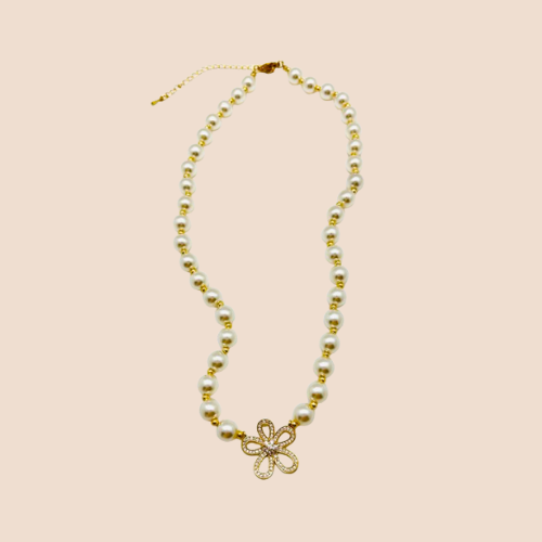 Gold-Plated Pearl Necklace with flower Charm and Zircon Inlay