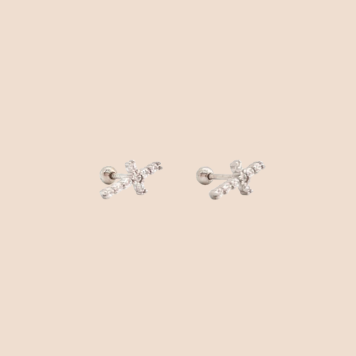 .925 Sterling Silver Zircon Inlay Cross Earrings