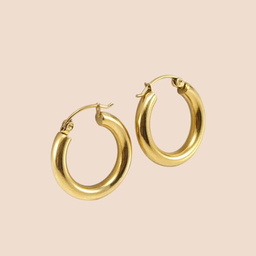 Medium-sized hoop earrings, stainless steel, gold-plated, classic style