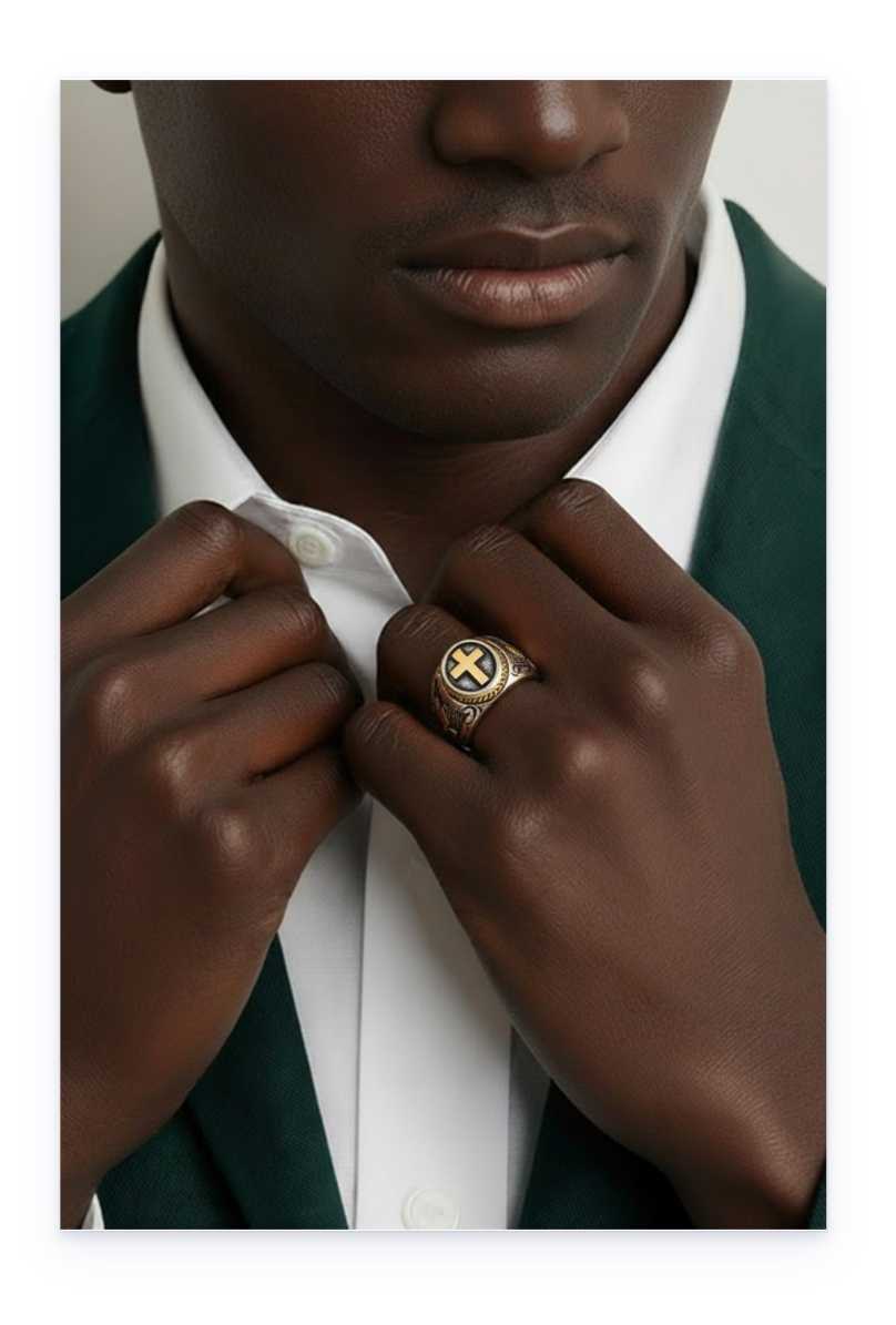 Stainless steel ring with engraved cross