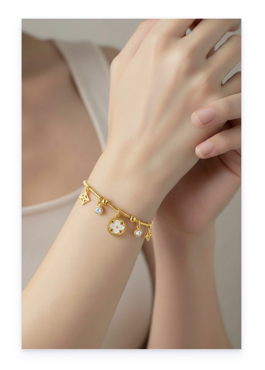 Gold-Plated Stainless Steel Bracelet with Zircon Charms