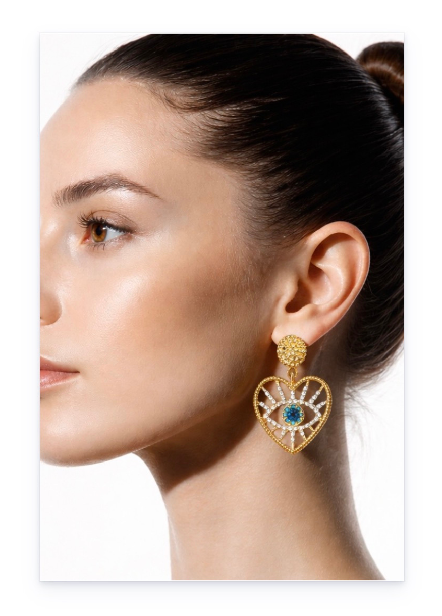 Evil Eye Heart-Shaped Dangle Earrings with Artificial Zircons