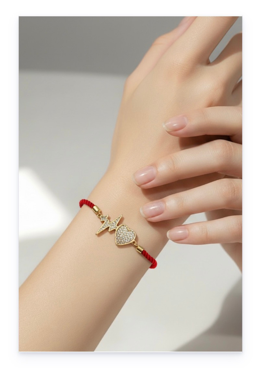 Adjustable Red Cord Bracelet with Gold-Plated Heart & Cardio