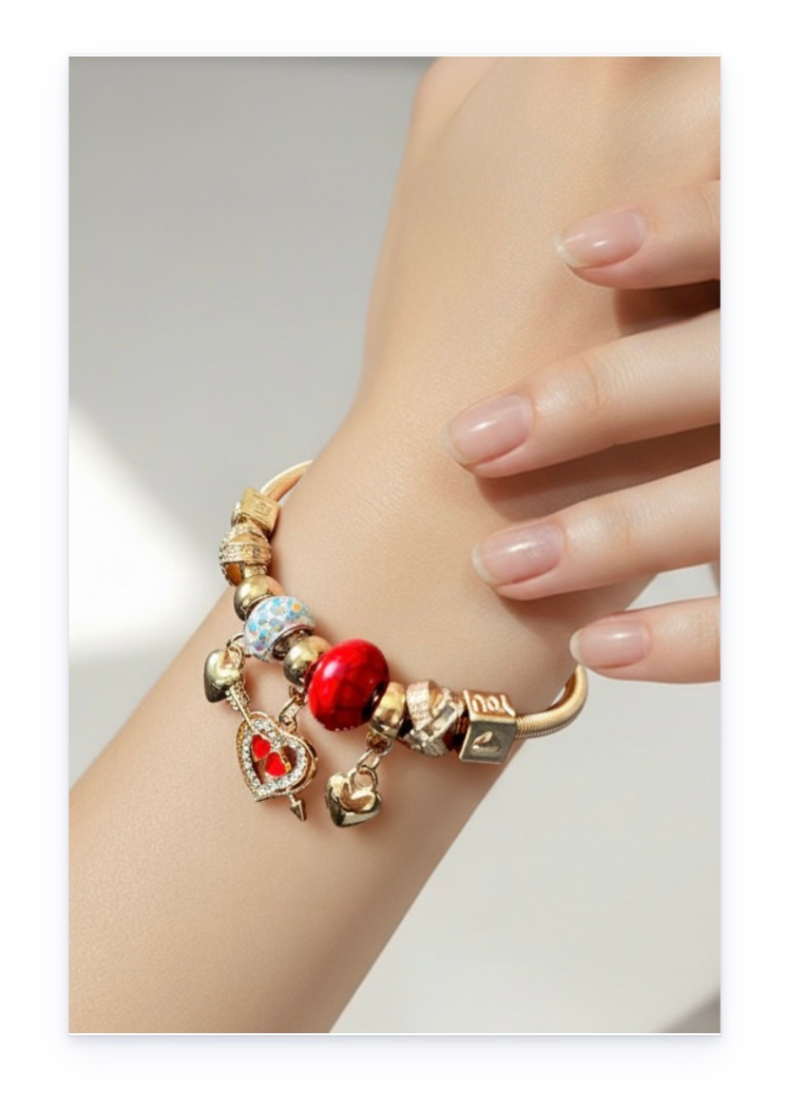 Stainless Steel Bracelet with Dangling Charms and Hearts