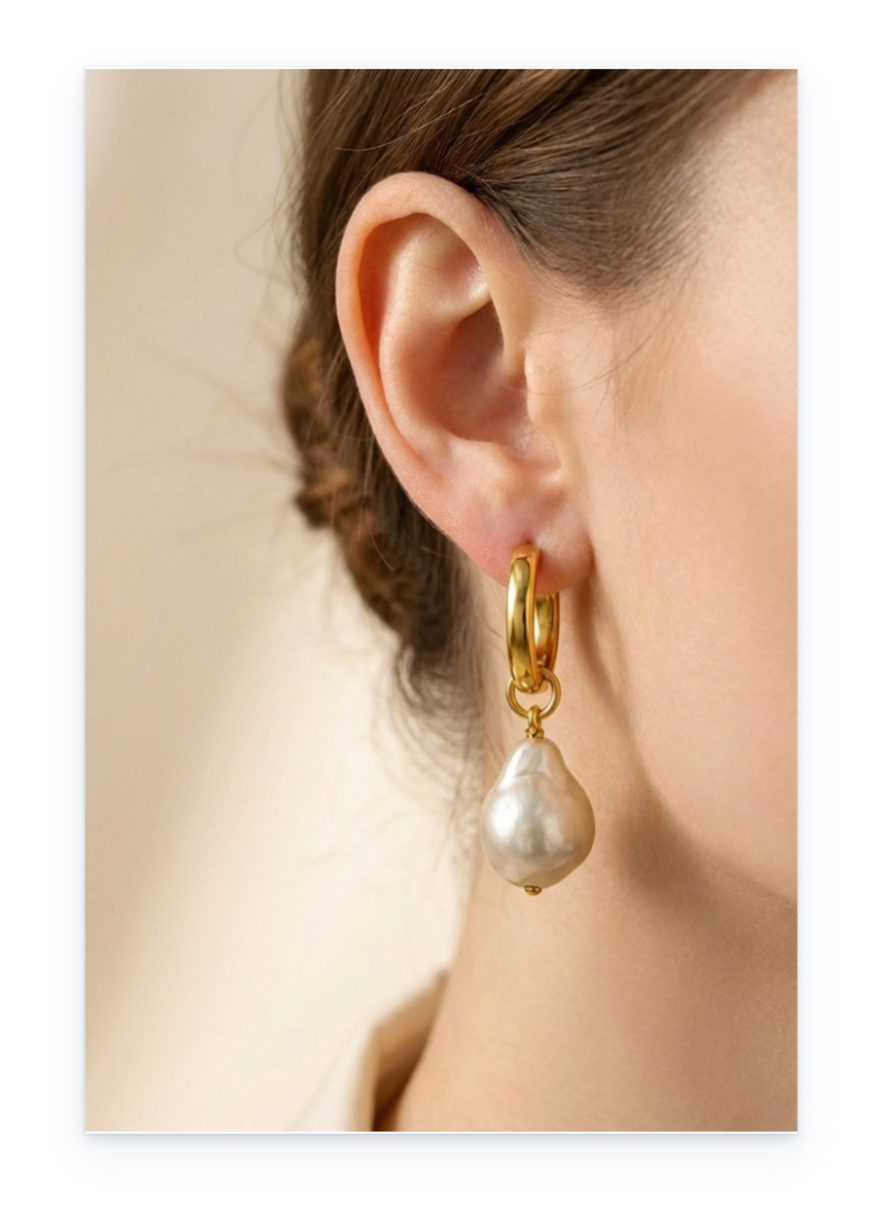 Gold-Plated Drop Earrings with Hanging Pearls on Copper Base