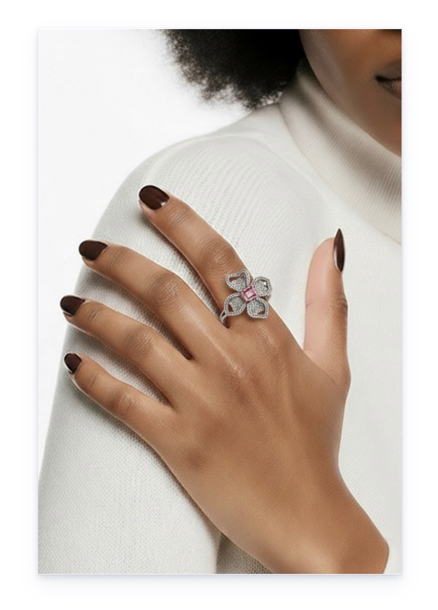 Sparkling Floral Design Thin Band Ring with Diamond Imitations