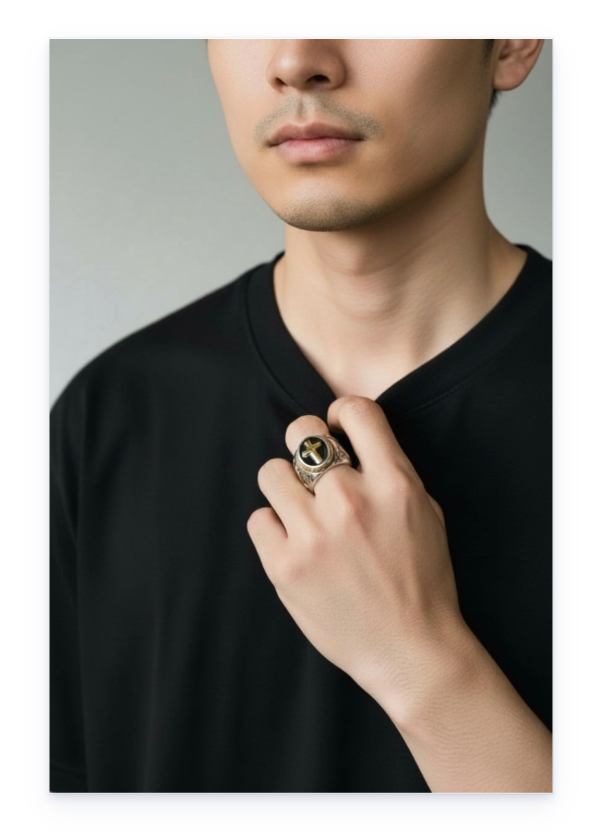 Stainless steel ring with engraved cross