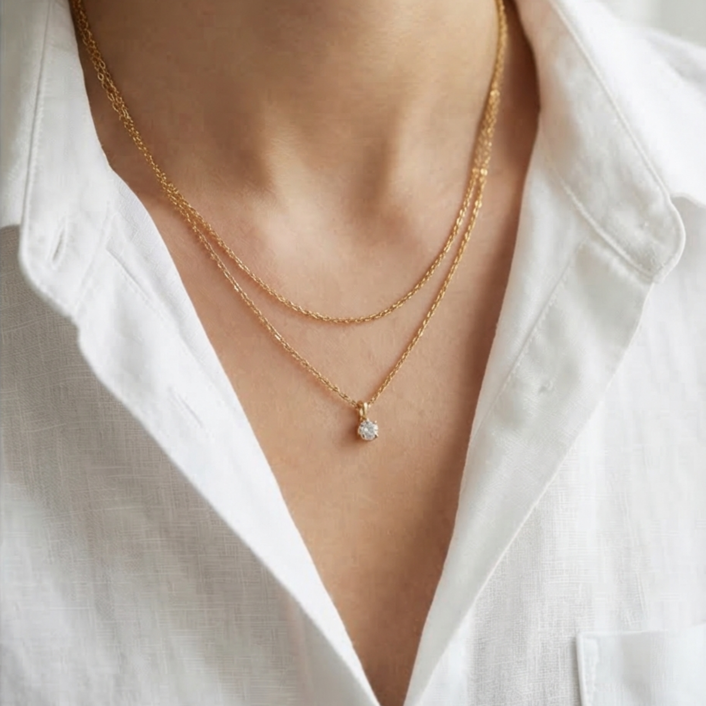 Gold-Plated Layered Chain Necklace with Rhinestone Pendant