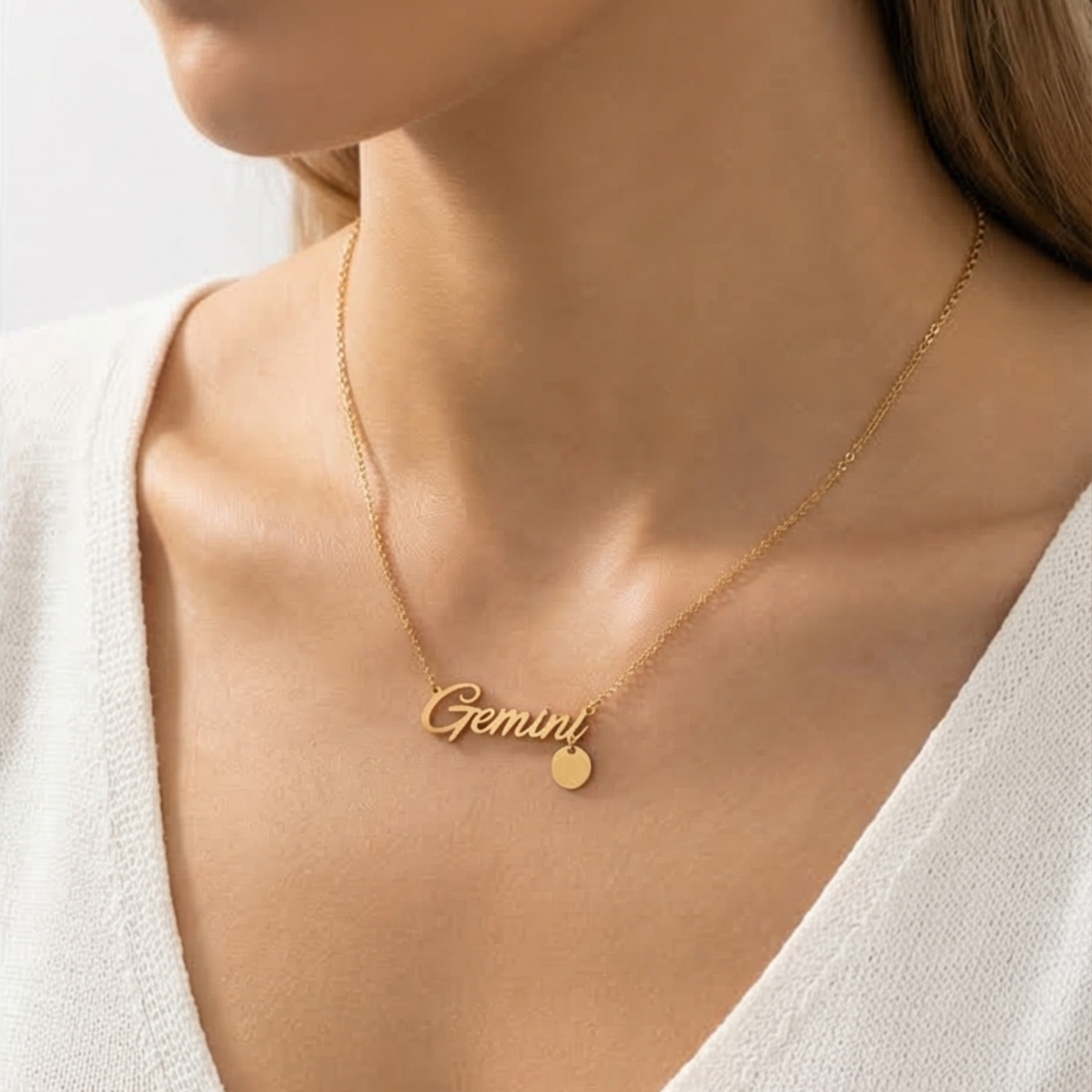 Gold-Plated Titanium Steel Thin Chain Necklace with Gemini Zodiac Symbol Pendant