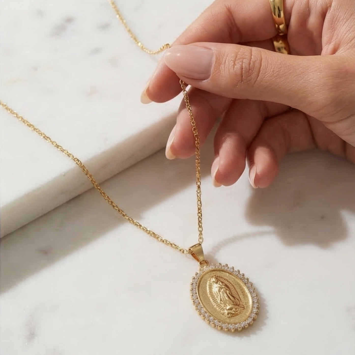 Stainless steel Necklace, Mary virgen pendant. gold plated, Unisex