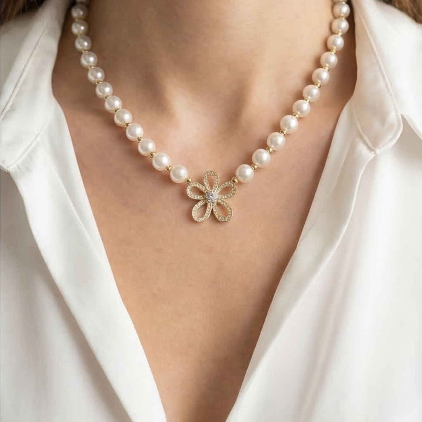 Gold-Plated Pearl Necklace with flower Charm and Zircon Inlay