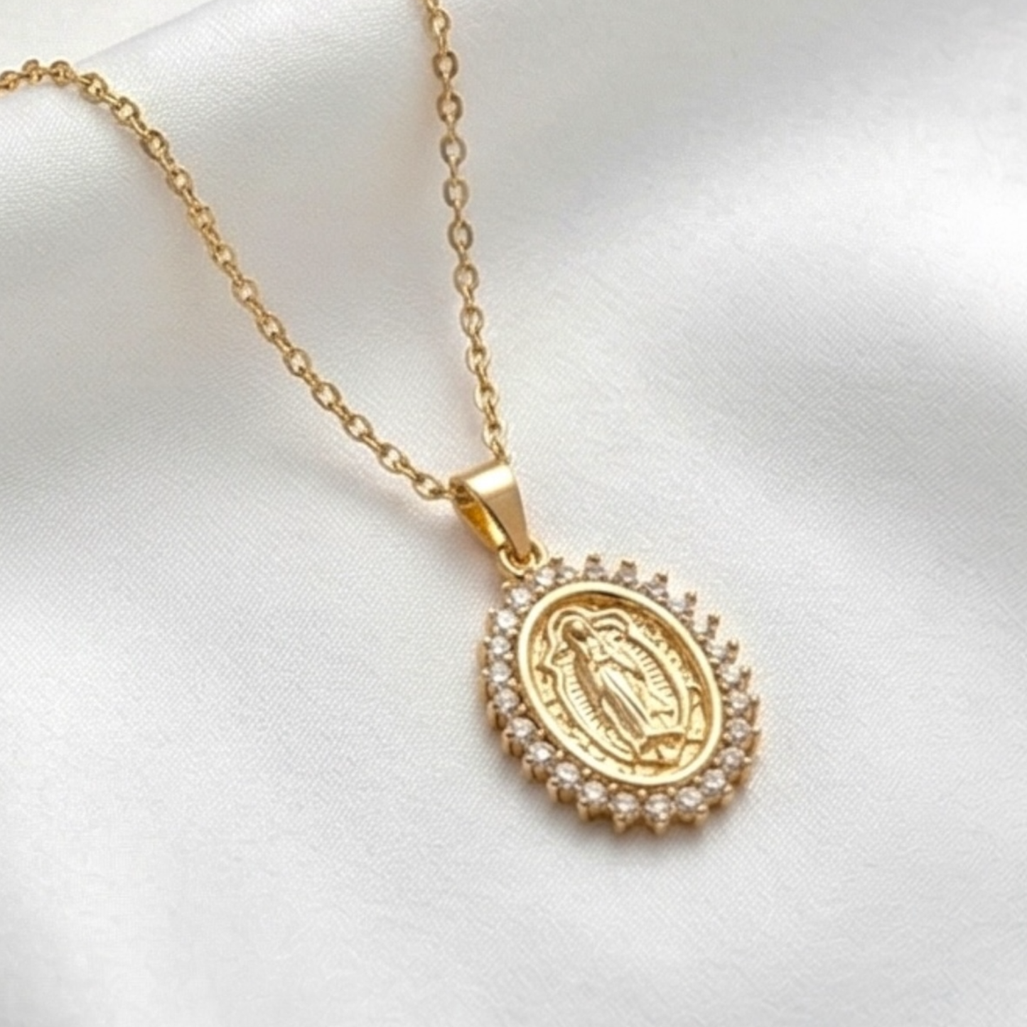 Religious necklace with a Virgin pendant, 18k gold plated & copper