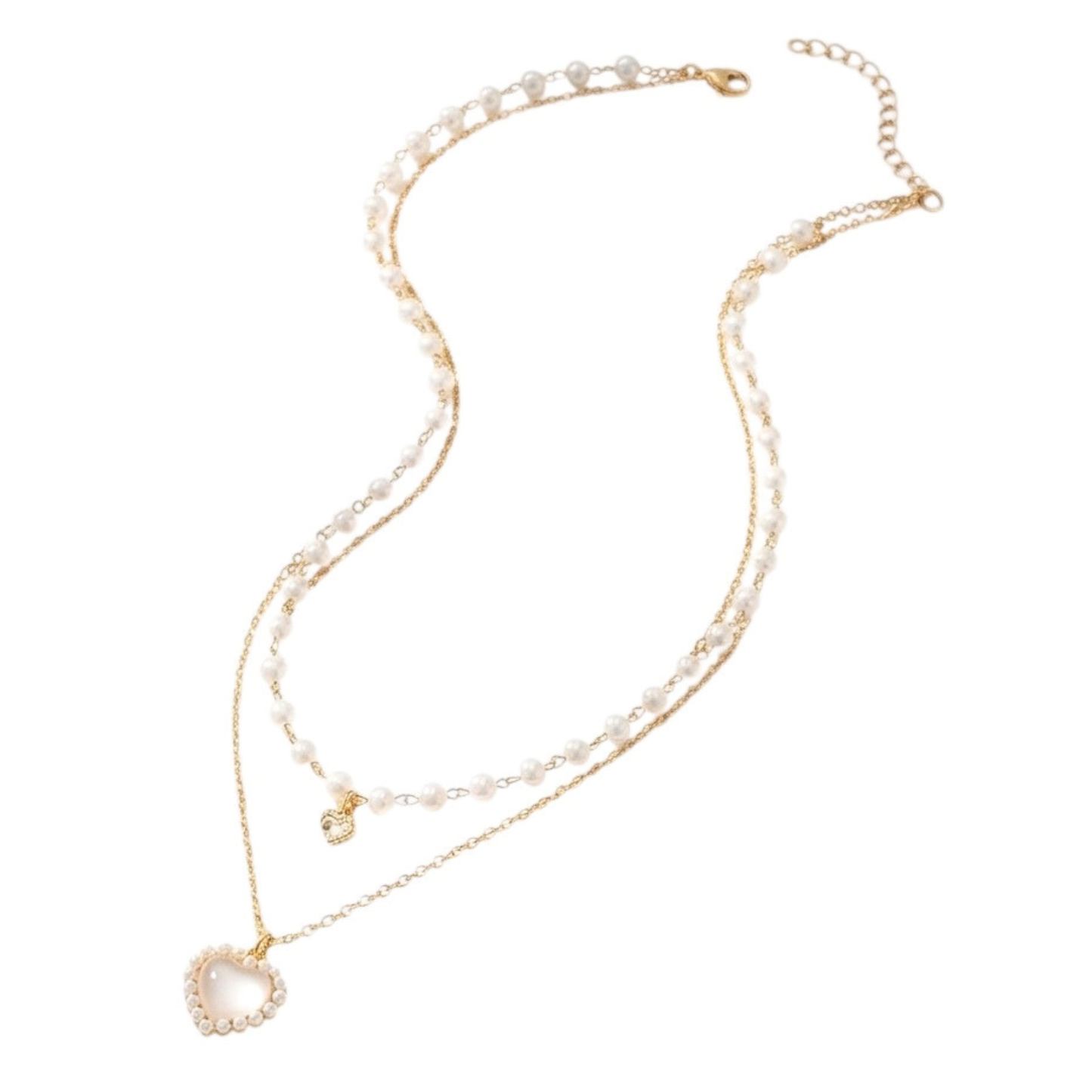 Double Layer Imitation Pearl Necklace with Heart Pendant