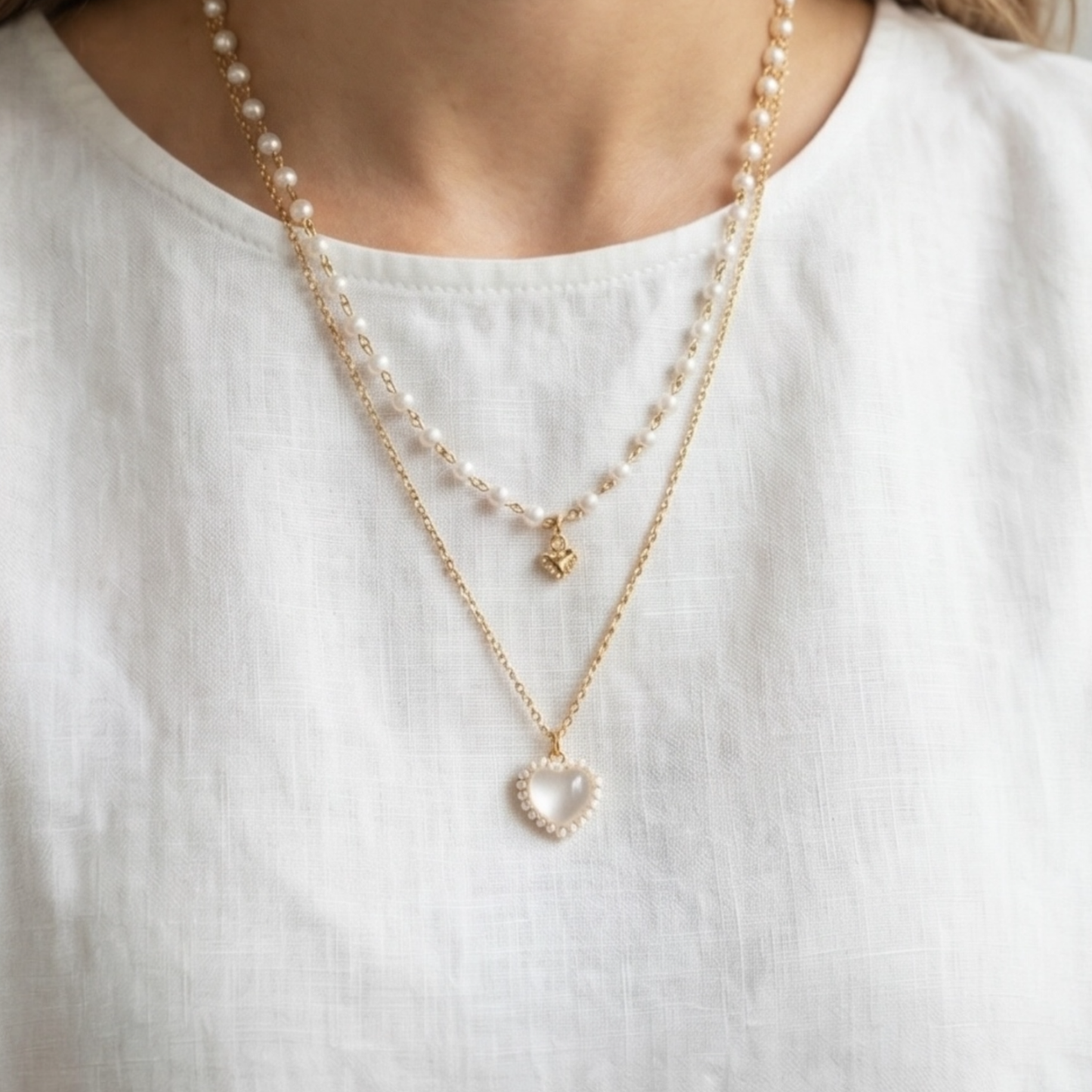 Double Layer Imitation Pearl Necklace with Heart Pendant