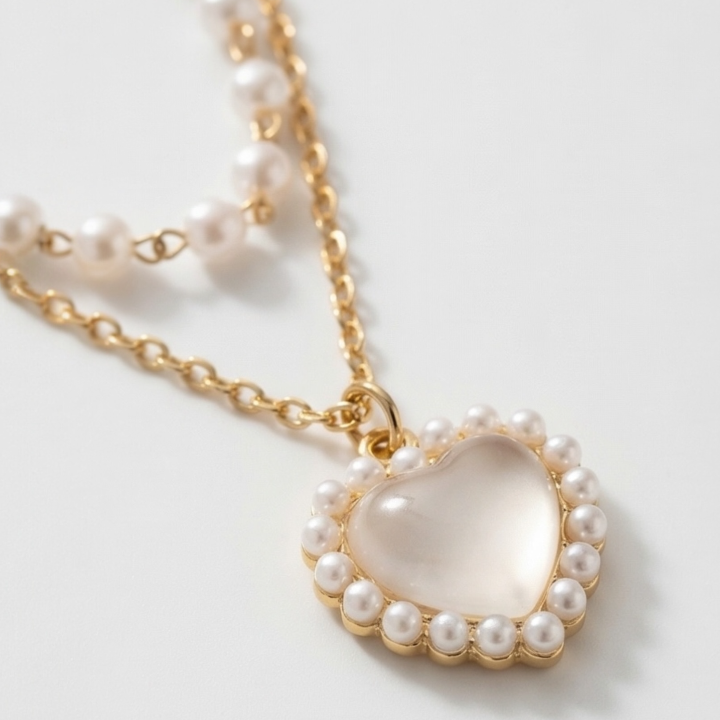Double Layer Imitation Pearl Necklace with Heart Pendant