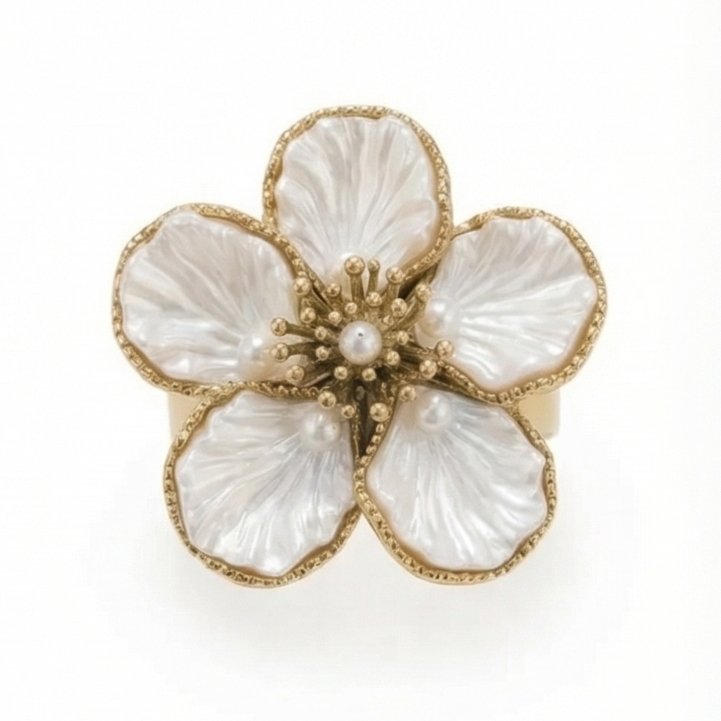 Ring with imitation mother-of-pearl flower, 14K gold plated, stainless steel.