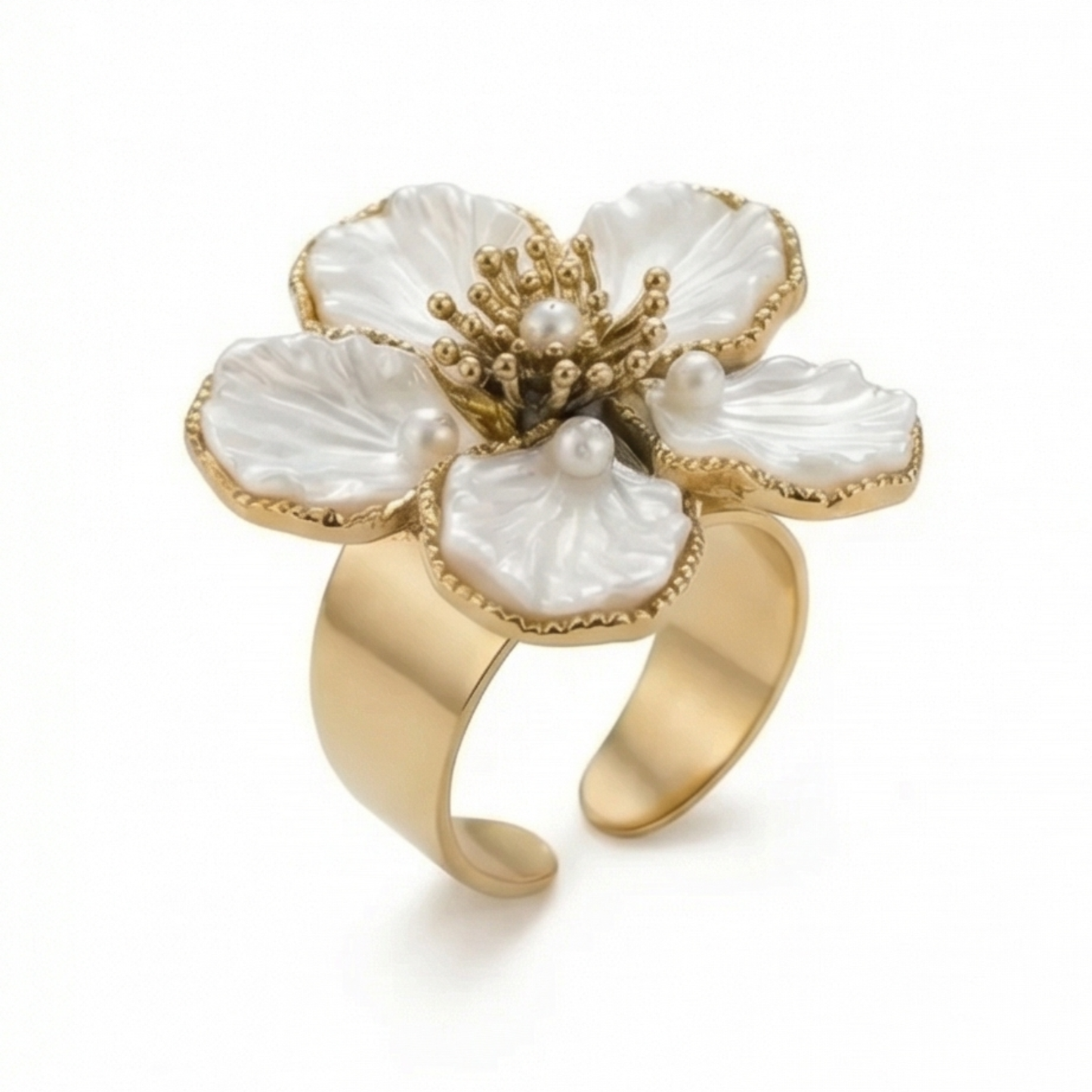 Ring with imitation mother-of-pearl flower, 14K gold plated, stainless steel.