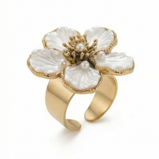 Ring with imitation mother-of-pearl flower, 14K gold plated, stainless steel.