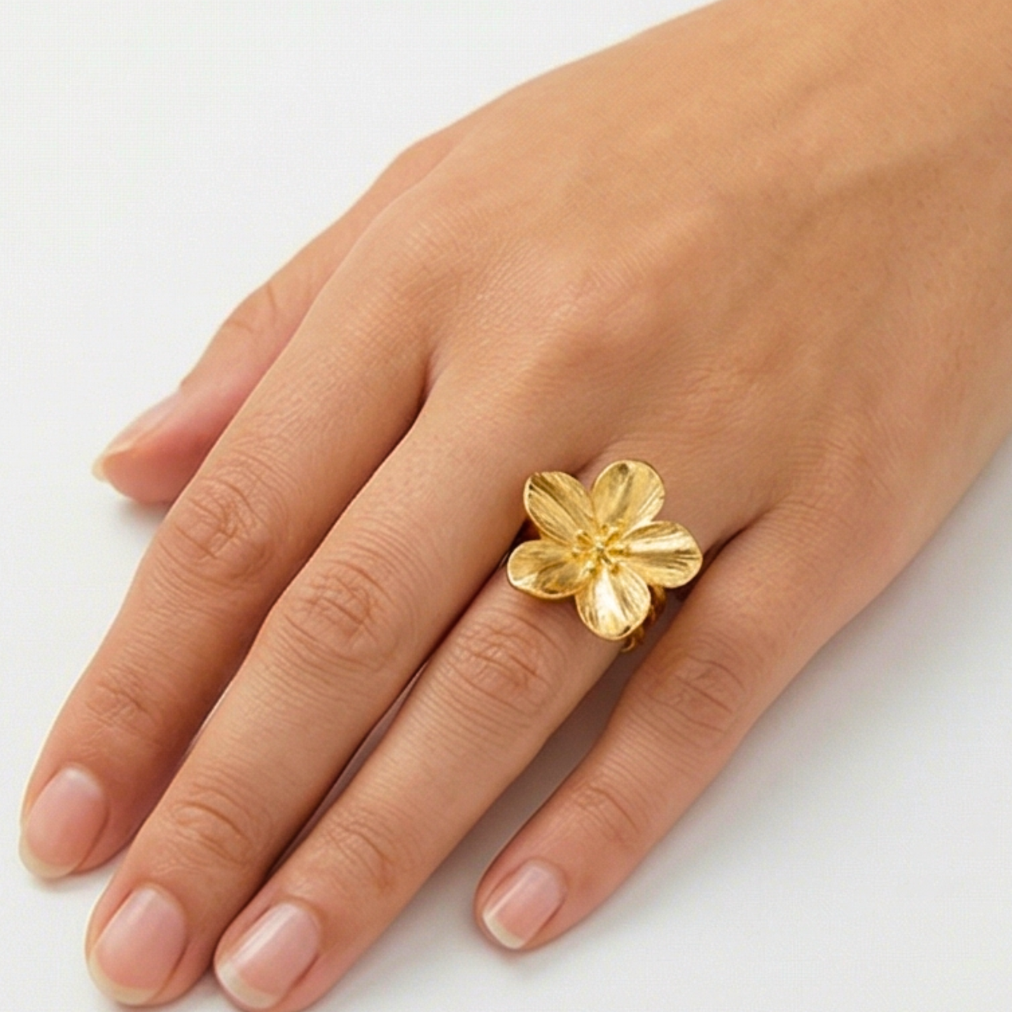 Flower-Shaped Ring, 14K Gold Plated on Stainless Steel, Classic-Casual Style
