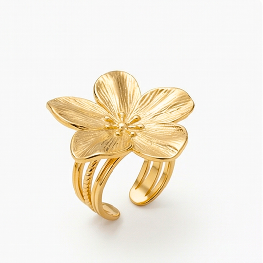 Flower-Shaped Ring, 14K Gold Plated on Stainless Steel, Classic-Casual Style