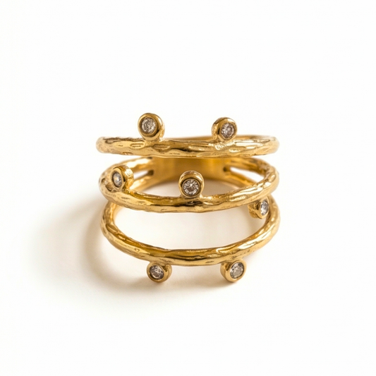 Ring with link design and zirconium inlay, Gold plated 14k, stainless steel