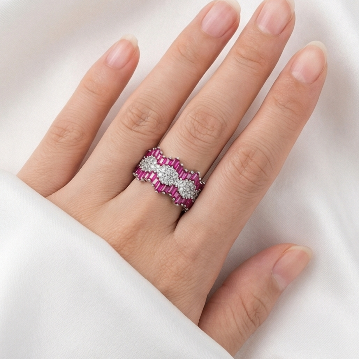 Adjustable Silver-Plated Open Ring with Zircon Inlays