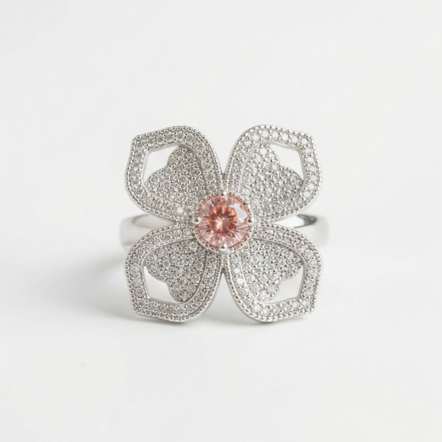 Sparkling Floral Design Thin Band Ring with Diamond Imitations