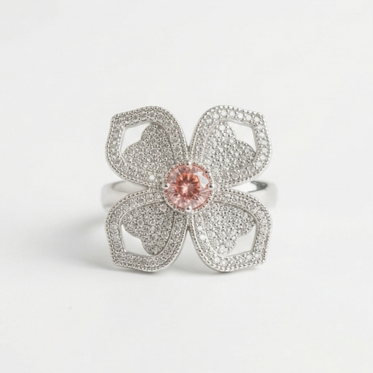 Sparkling Floral Design Thin Band Ring with Diamond Imitations