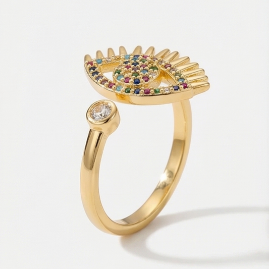 Evil Eye Design Open Ring in Plated Brass