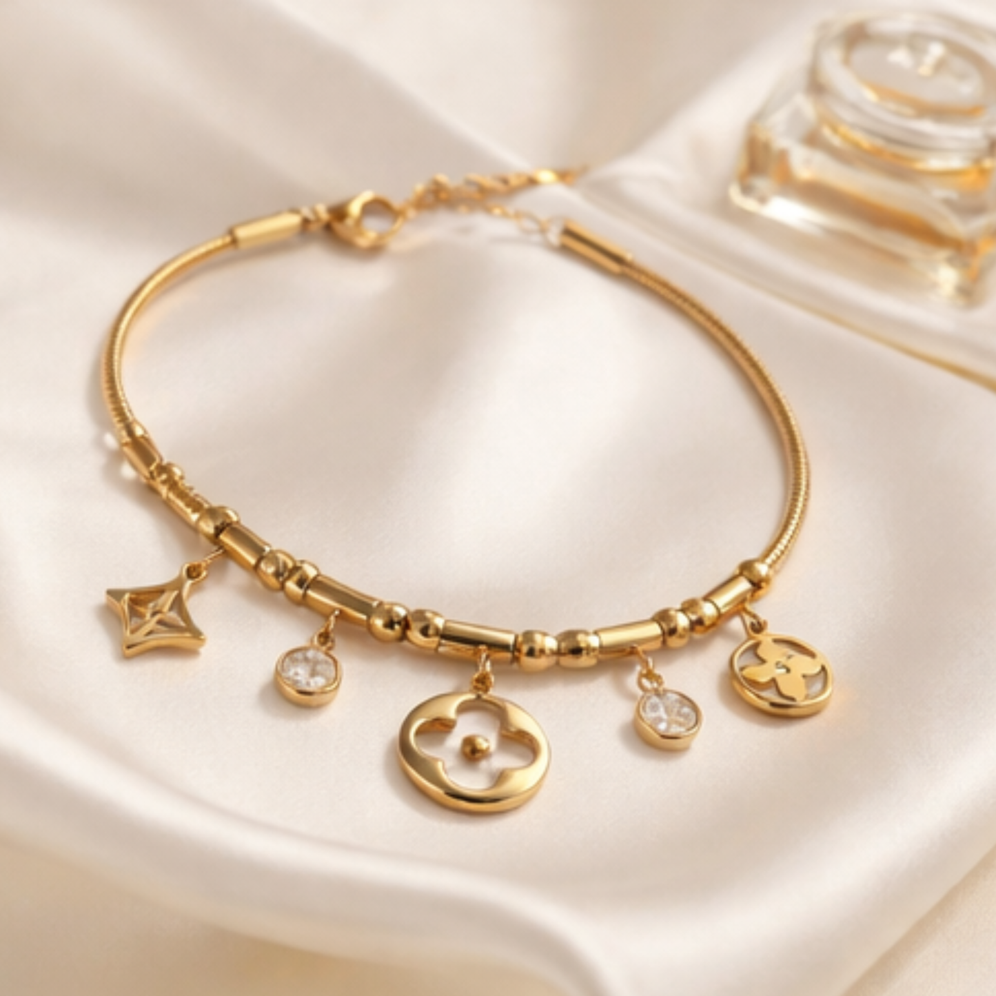 Gold-Plated Stainless Steel Bracelet with Zircon Charms