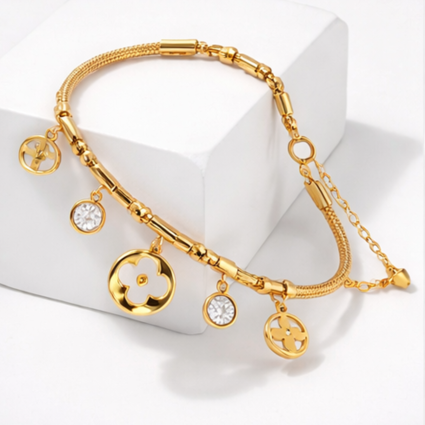 Gold-Plated Stainless Steel Bracelet with Zircon Charms