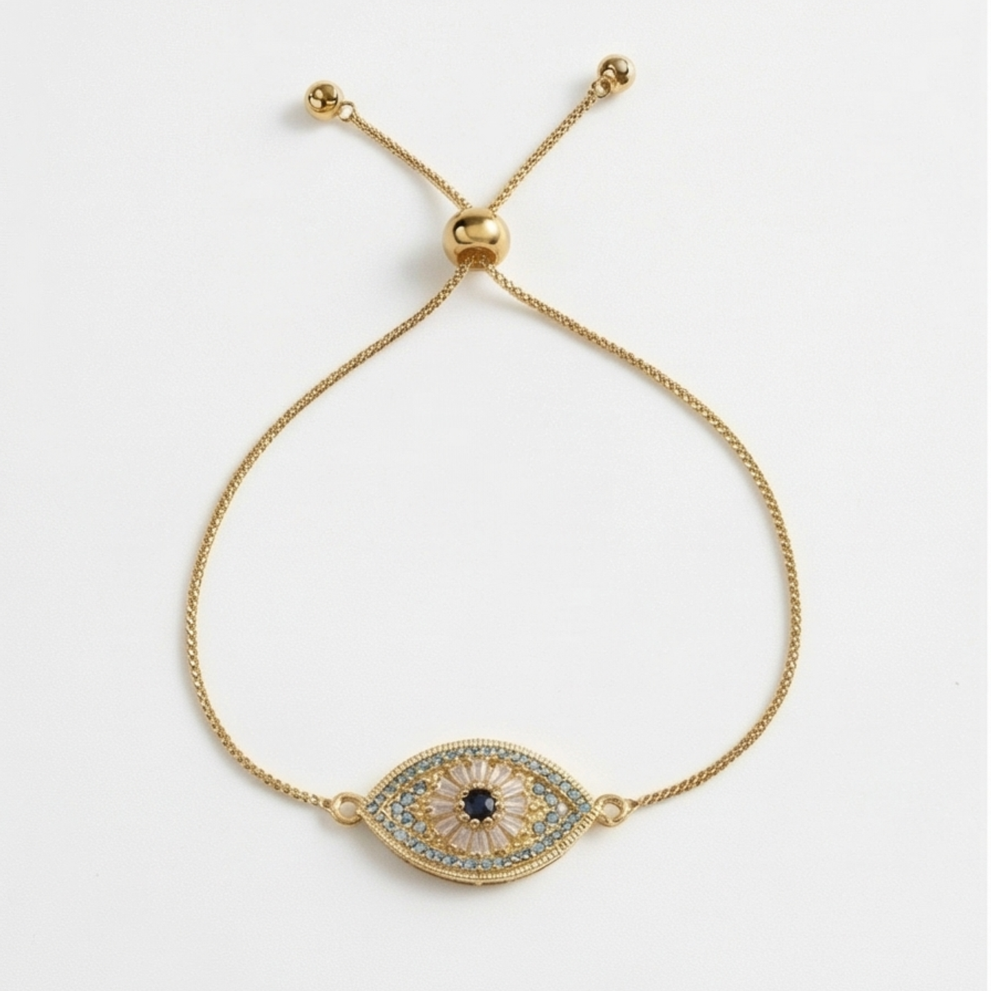 Evil Eye Bracelet with Gold-Plated Copper and blue Zircon Details