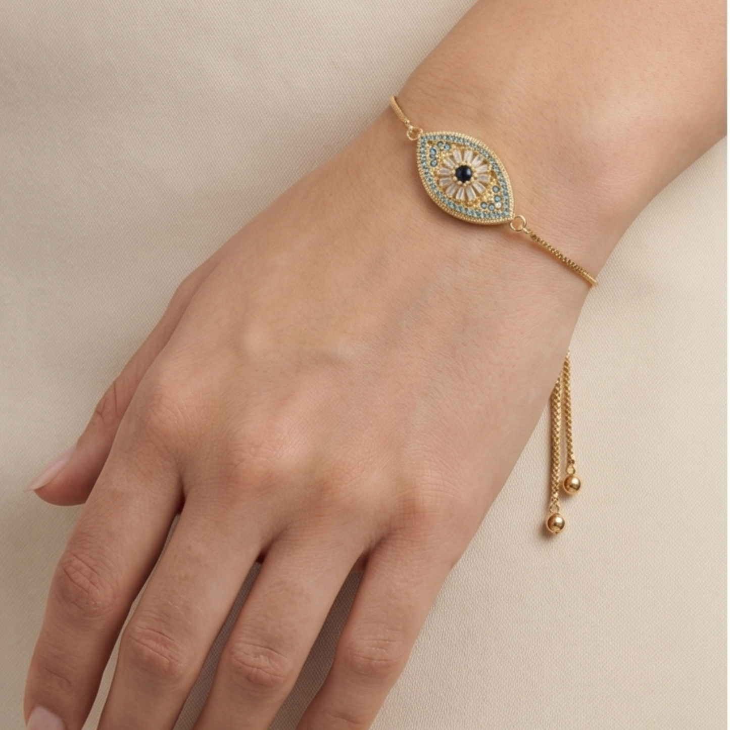 Evil Eye Bracelet with Gold-Plated Copper and blue Zircon Details
