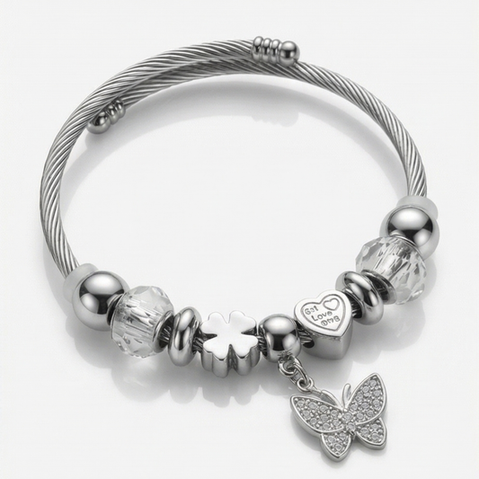 Stainless Steel Bangle with Hanging Butterfly Pendant