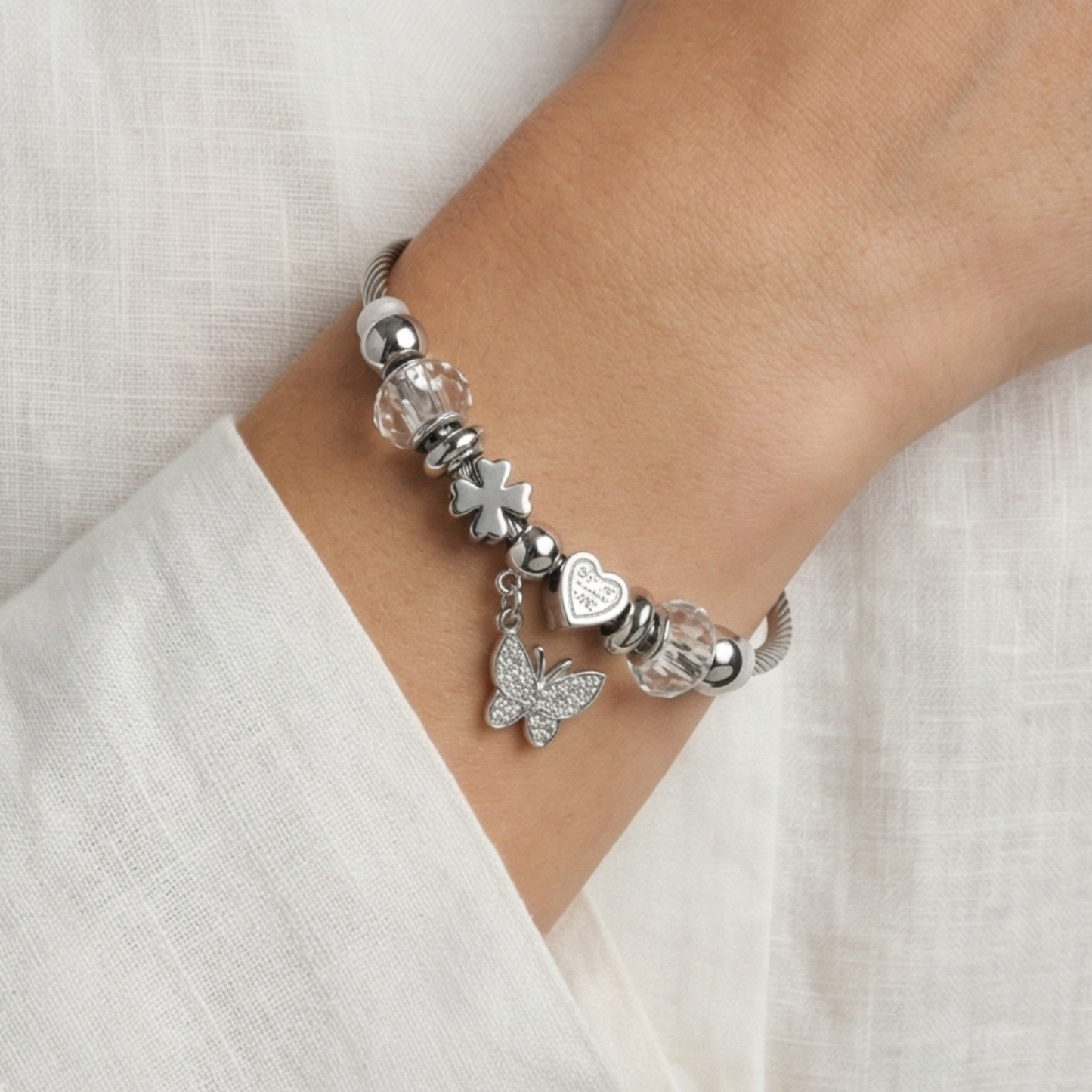 Stainless Steel Bangle with Hanging Butterfly Pendant