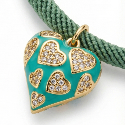 Green Cord Bracelet with Heart Pendant - Gold Stainless Steel Accents