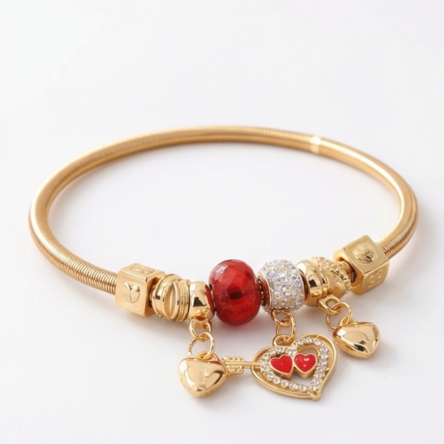 Stainless Steel Bracelet with Dangling Charms and Hearts
