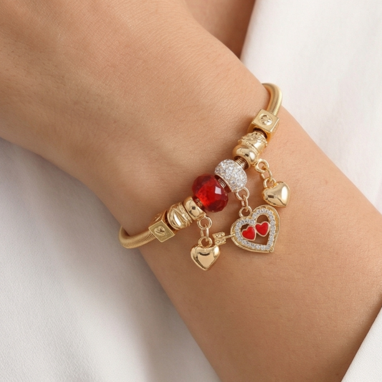 Stainless Steel Bracelet with Dangling Charms and Hearts